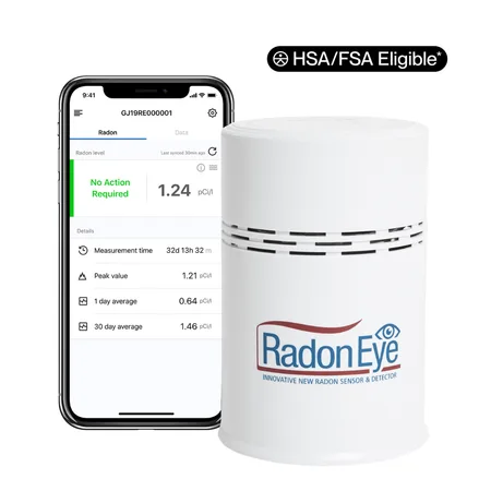 Moniteur Ecosense RadonEye RD200 cylindrique blanc avec écran sur le dessus, présenté sur fond blanc